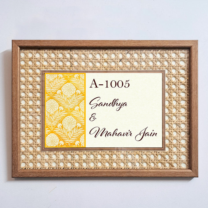 Handmade Floral Lattice Motif Rattan Name Plate With Wooden Frame