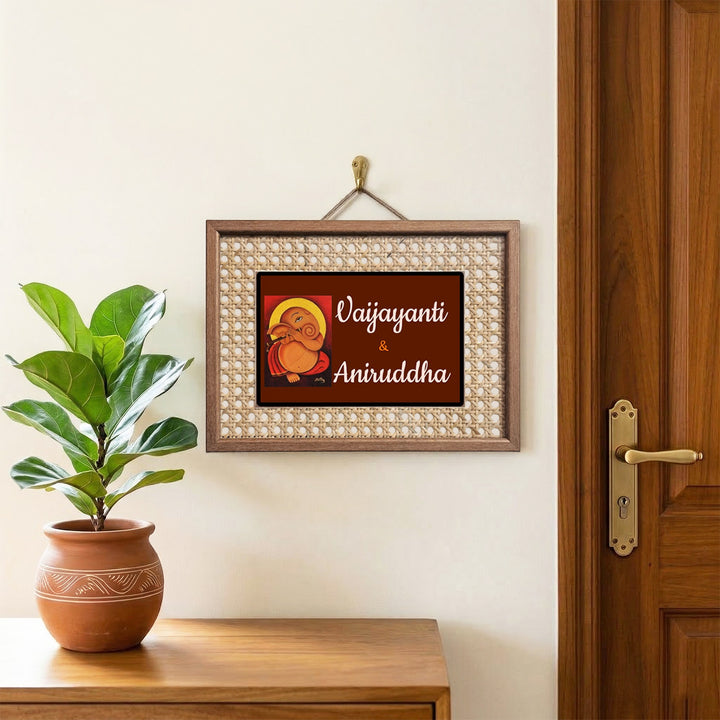 Handmade Ganesha Motif Rattan Name Plate With Wooden Frame