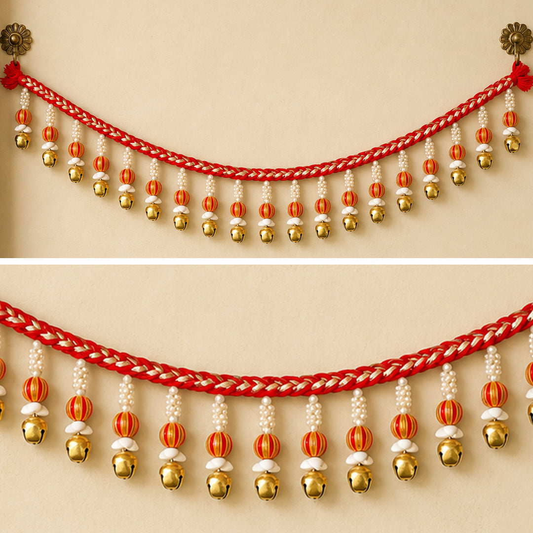 Handmade Mouli Thread & Wool Toran With Ghunghroo Bell Tassels For Festive Decor