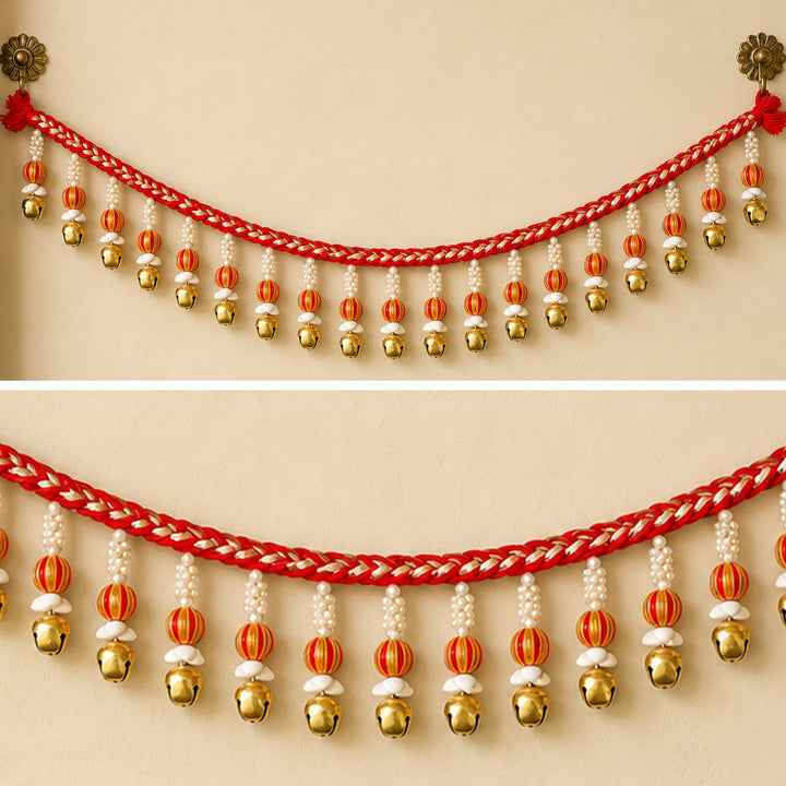 Handmade Mouli Thread & Wool Toran With Ghunghroo Bell Tassels For Festive Decor