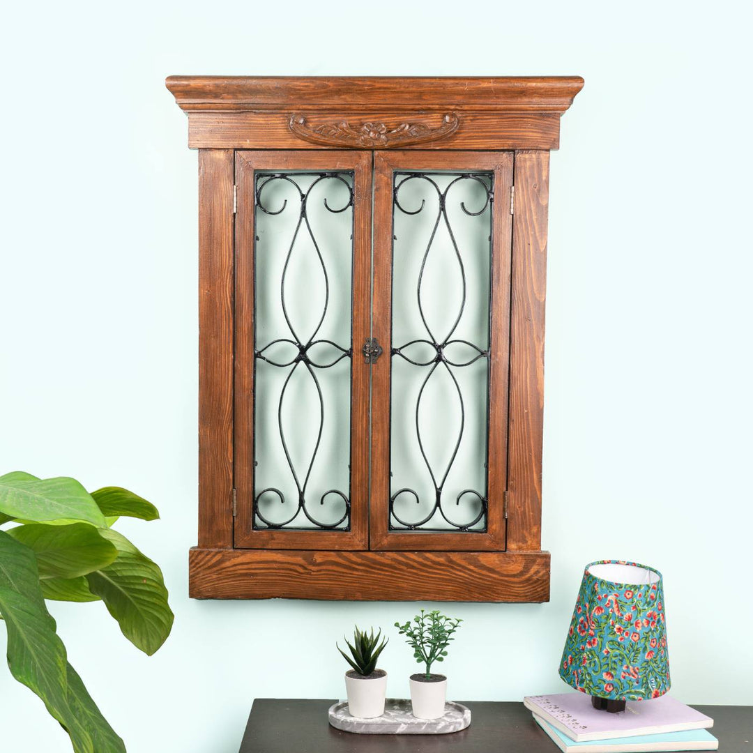 Decorative Pine Wood & Iron Window Wall Frame