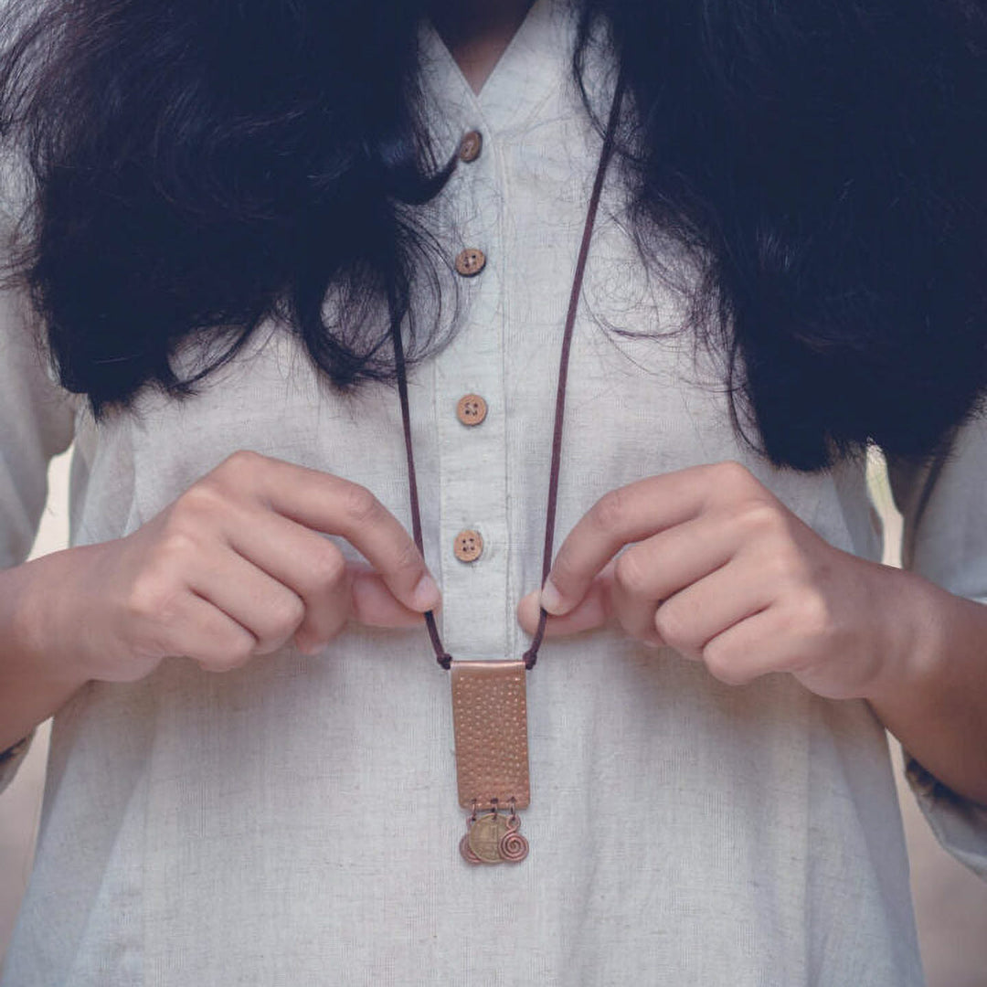 Handmade Rectangular One Paise Design Copper Necklace