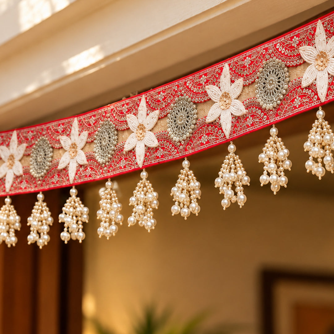 Handmade Beaded Flower Toran With Zari, Gota Patti & Moti Detailing
