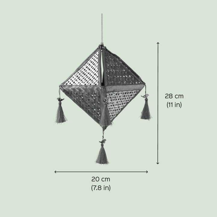 Red Diamond Shaped Handmade Woven Bamboo Zari Border Hanging Lampshade