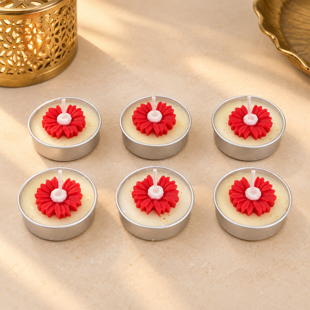 Set Of 6 | Handcrafted Scarlet Bloom Red Flower Embed Peony Blossom Scented Soy Wax Tealight Candles