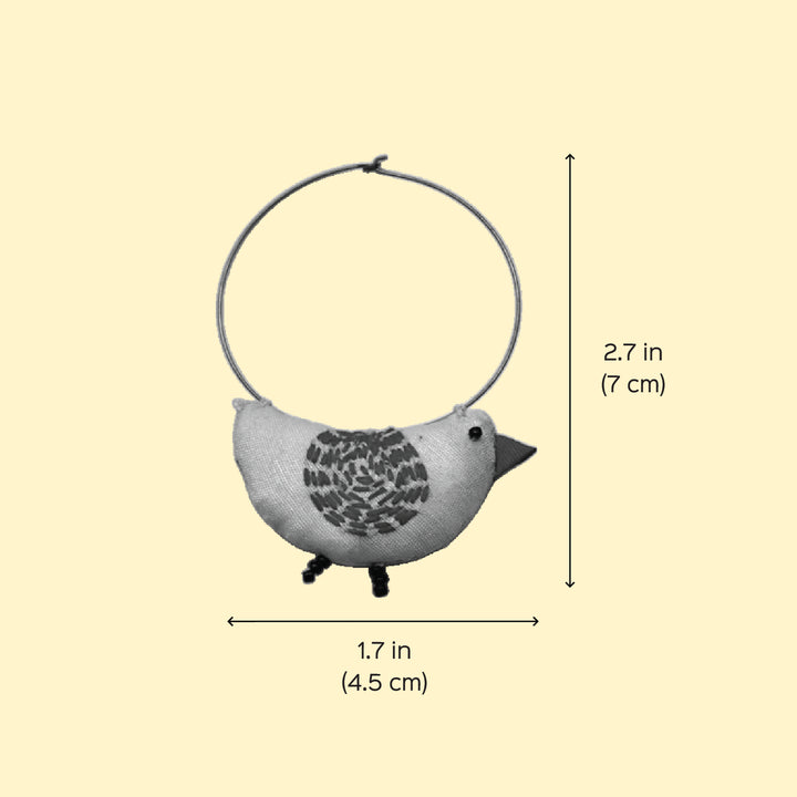 Handmade Textile Art Bulbul Bird Shaped Hoop Dupion Silk Fabric Earrings
