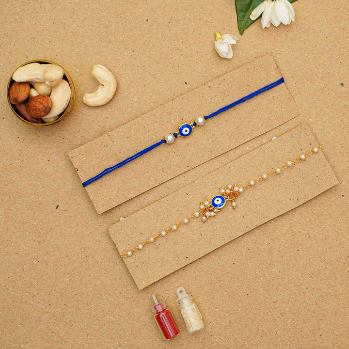 Resuable Evil Eye Bracelet & Rakhi With Roli Chawal For Bhaiya and Bhabhi | Set of 2