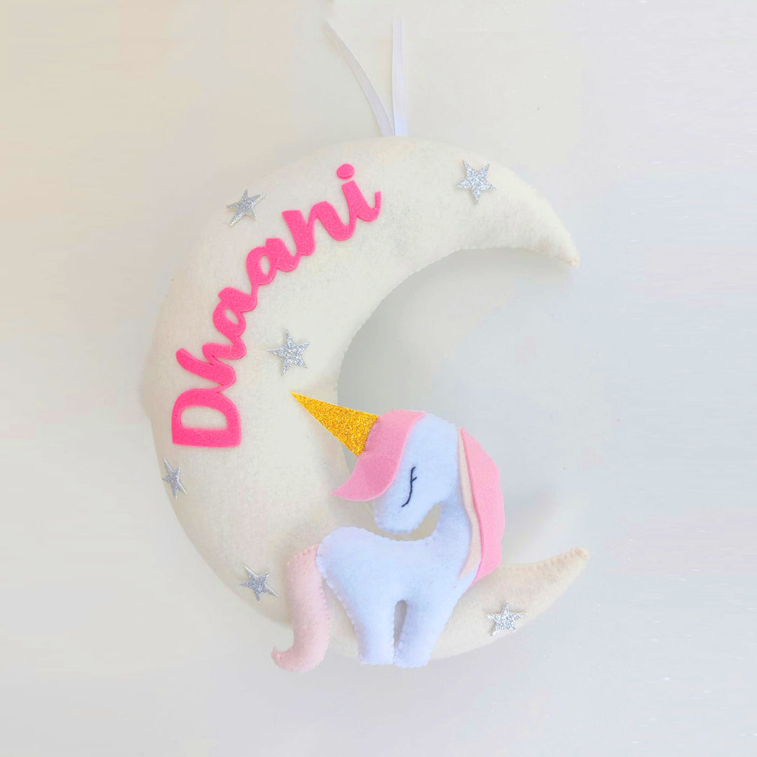 Handmade Personalized Unicorn On Moon Felt Kids Name Hanging 2 - Front View Hanging Display