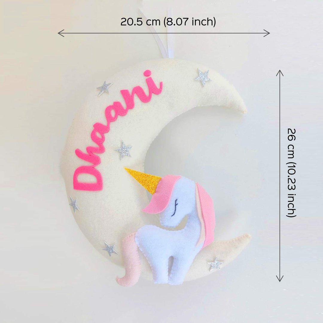 Handmade Personalized Unicorn On Moon Felt Kids Name Hanging 2 - Dimension Chart with Name Personalization