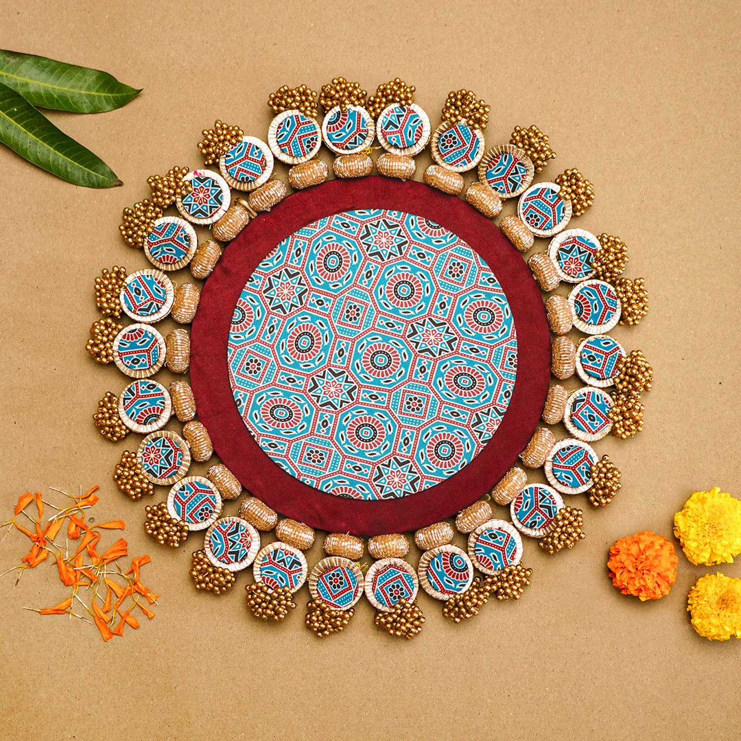 Reversible Handmade Ajrakh Pastel Pistachio Inflorescence Divine Hanging Glass Rhapsody Lumba Rangoli