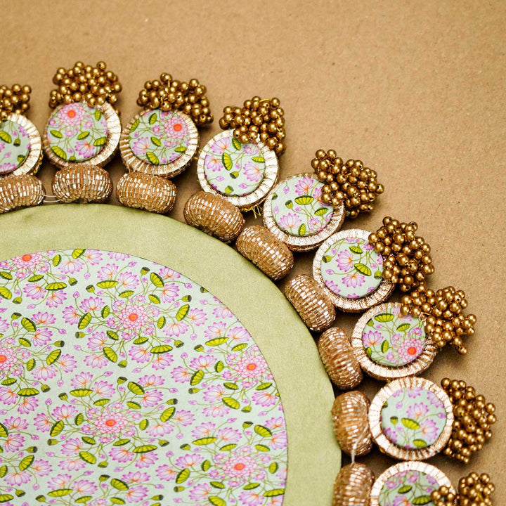 Reversible Handmade Ajrakh Pastel Pistachio Inflorescence Divine Hanging Glass Rhapsody Lumba Rangoli