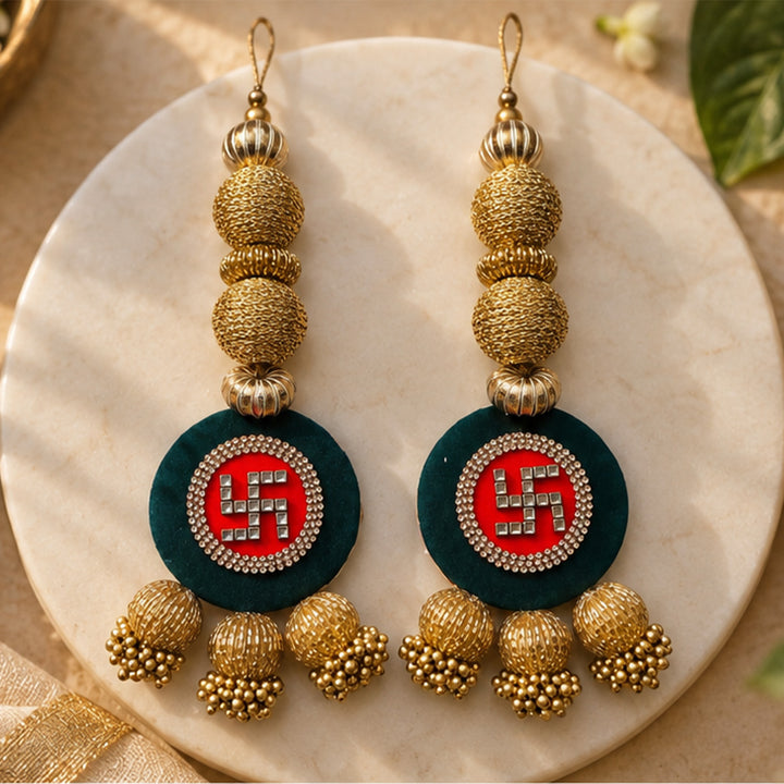 2 Pc | Handmade Reversible Swastik & Patola Print Beaded Hangings For Diwali