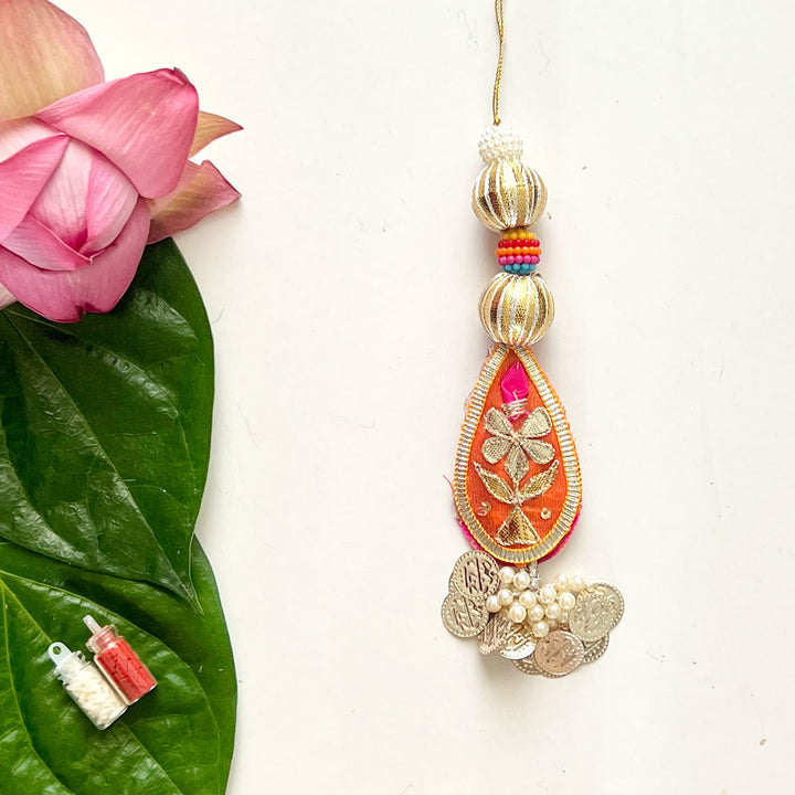 Handcrafted Gota Patti "Rimjhim" Couple Rakhi & Lumba Set With Roli Chawal for Bhaiya Bhabhi