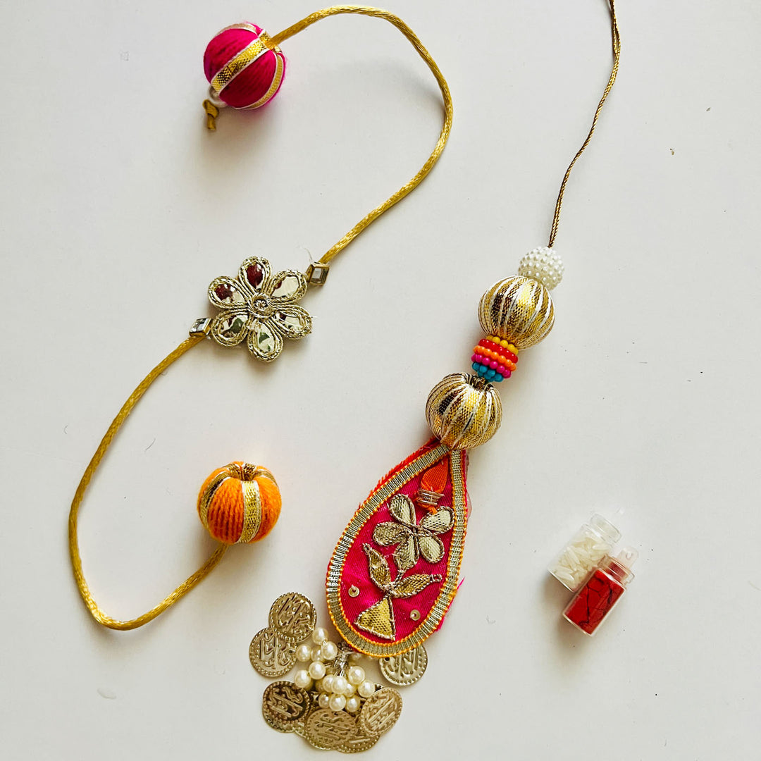 Handcrafted Gota Patti "Rimjhim" Couple Rakhi & Lumba Set With Roli Chawal for Bhaiya Bhabhi