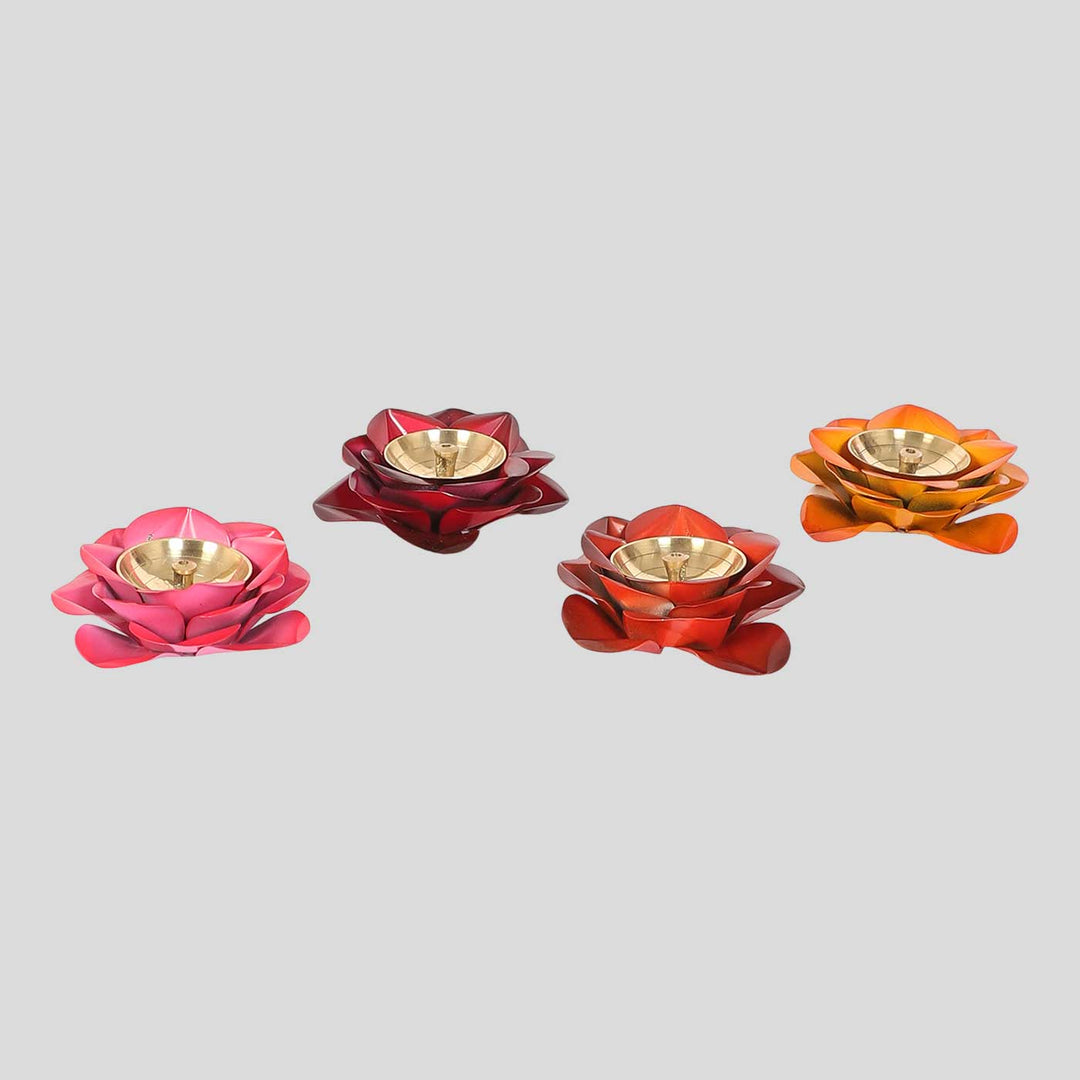 Set of 12 | Handmade Rose Shaped Multicolor Brass Oil Lamp / Diya