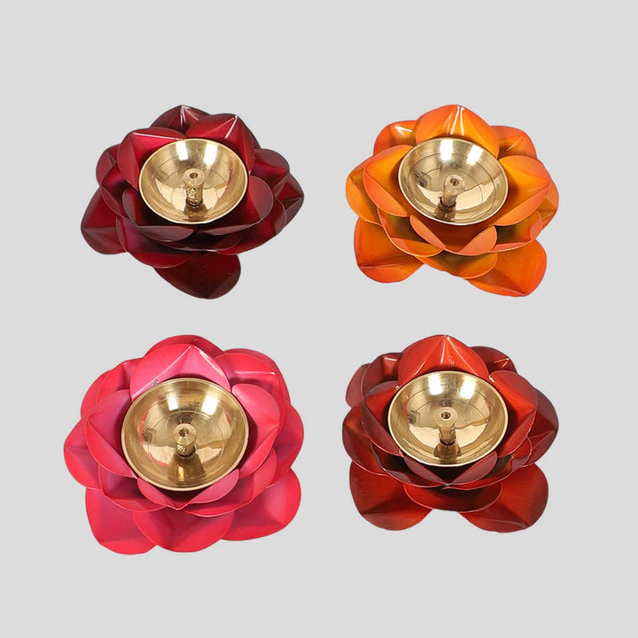 Set of 12 | Handmade Rose Shaped Multicolor Brass Oil Lamp / Diya