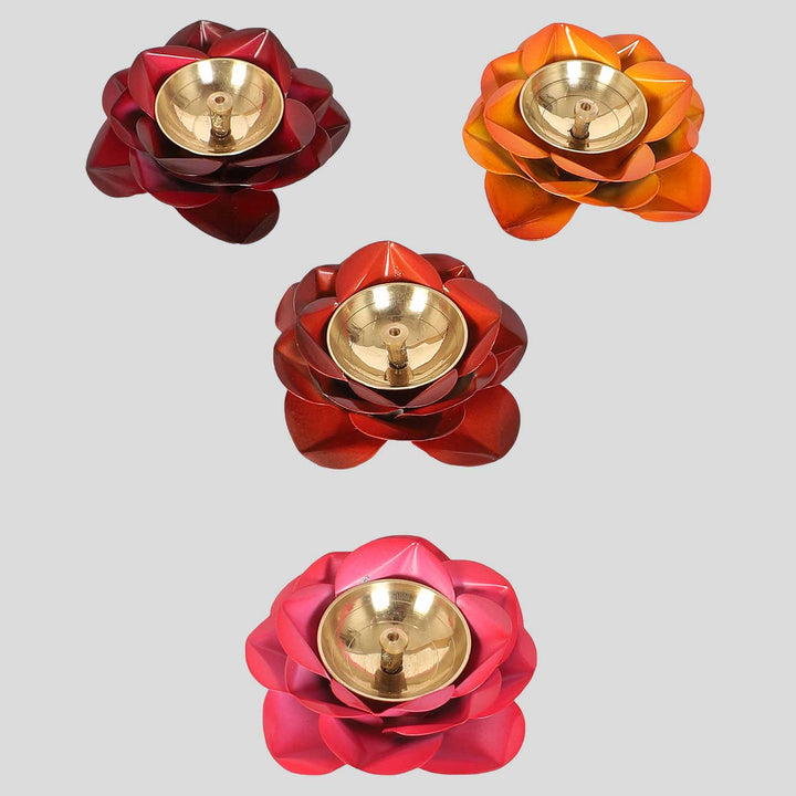 Set of 12 | Handmade Rose Shaped Multicolor Brass Oil Lamp / Diya