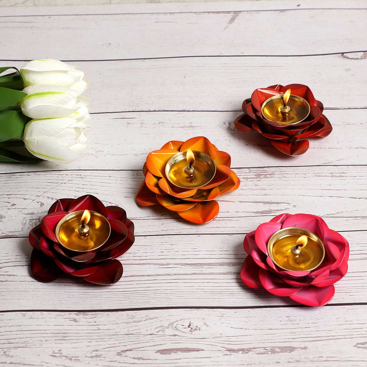 Set of 12 | Handmade Rose Shaped Multicolor Brass Oil Lamp / Diya