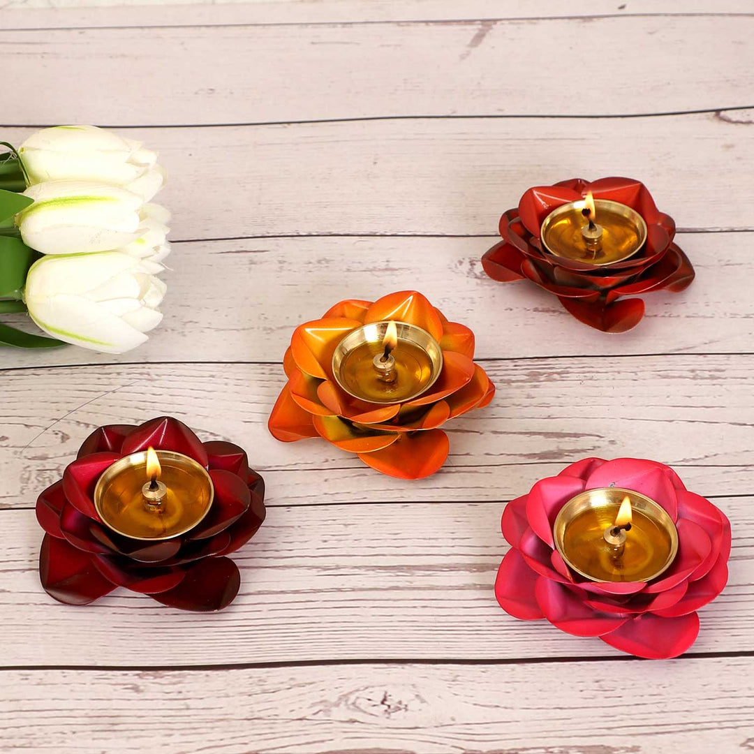 Set of 12 | Handmade Rose Shaped Multicolor Brass Oil Lamp / Diya