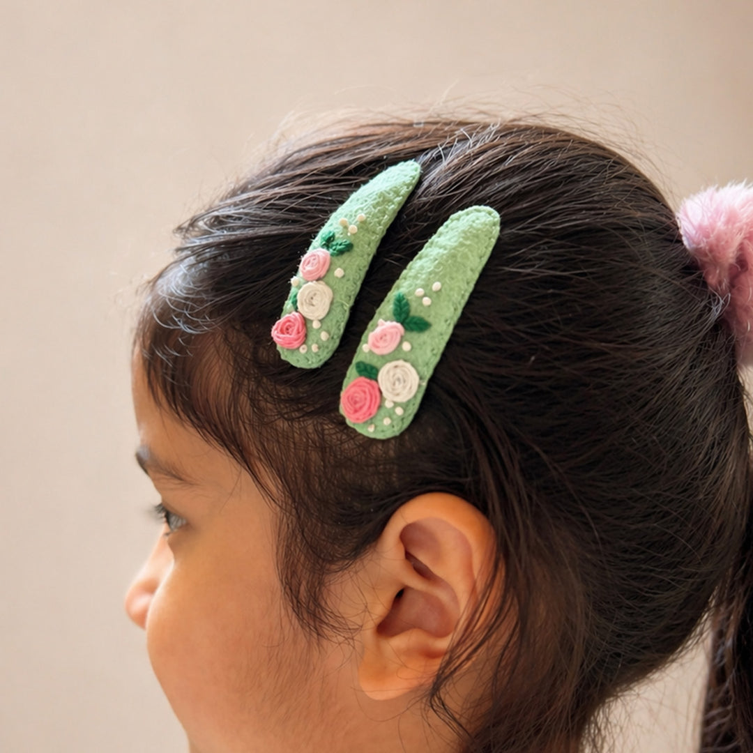 Hand-Embroidered Roses & Knots Hair Clips | Set of 2