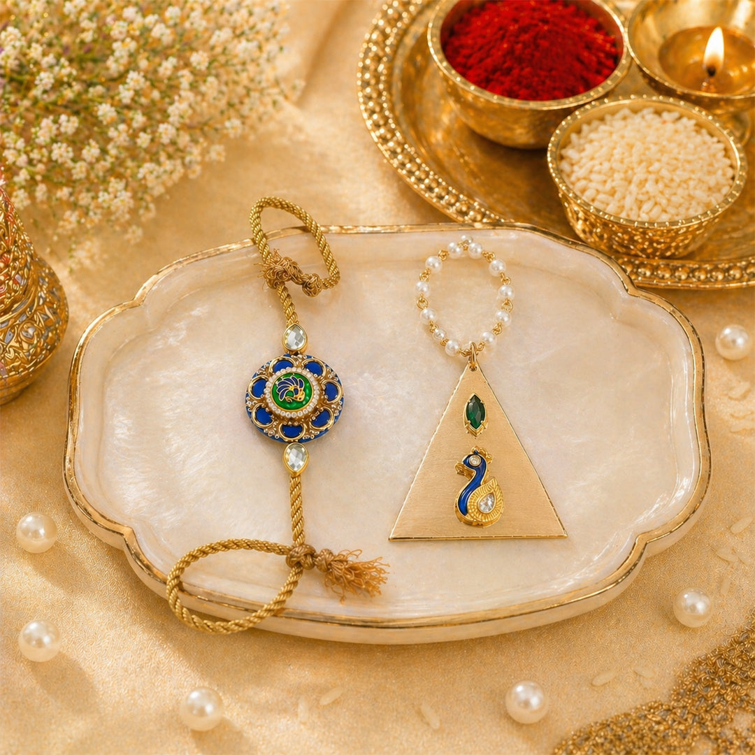 Royal Blue Peacock Pearl Lumba Bracelet Rakhi Set With Roli Chawal For Bhaiya And Bhabhi