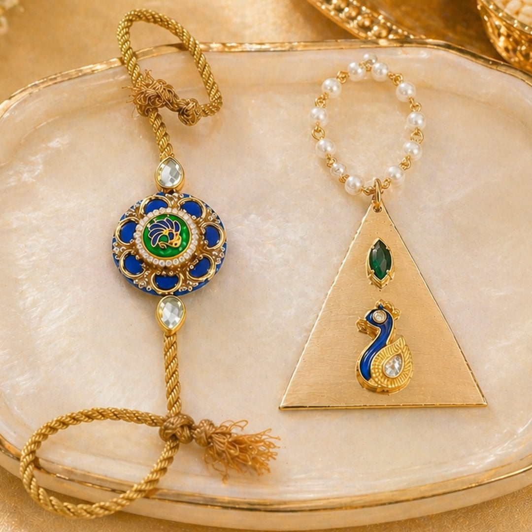 Royal Blue Peacock Pearl Lumba Bracelet Rakhi Set With Roli Chawal For Bhaiya And Bhabhi