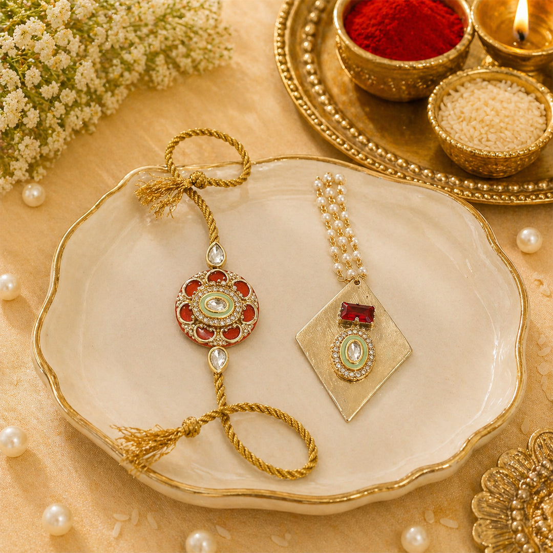Ruby Red Pearl Lumba Bracelet Rakhi Set With Roli Chawal For Bhaiya And Bhabhi
