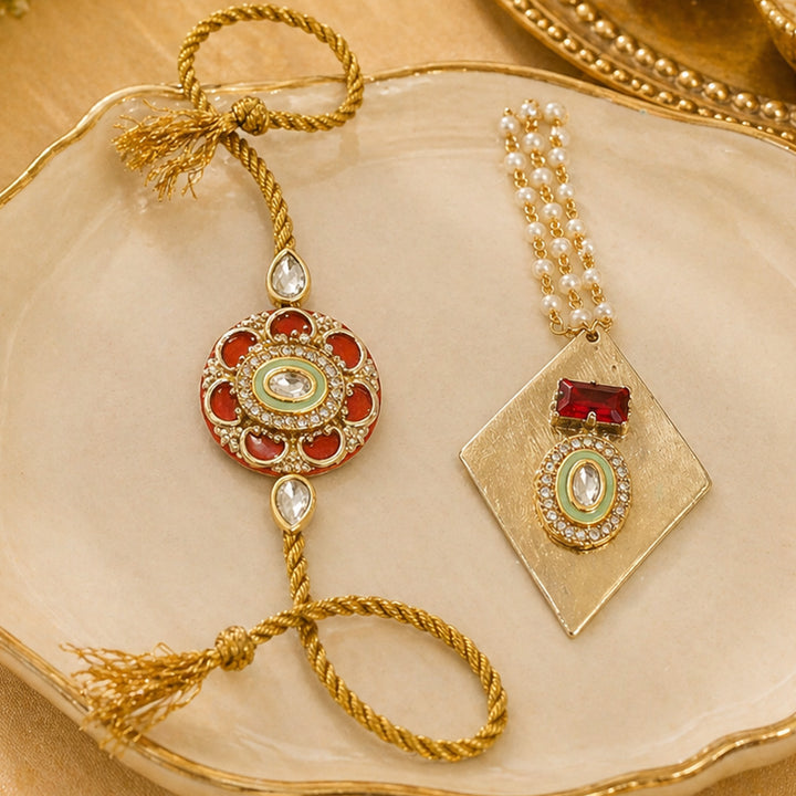 Ruby Red Pearl Lumba Bracelet Rakhi Set With Roli Chawal For Bhaiya And Bhabhi