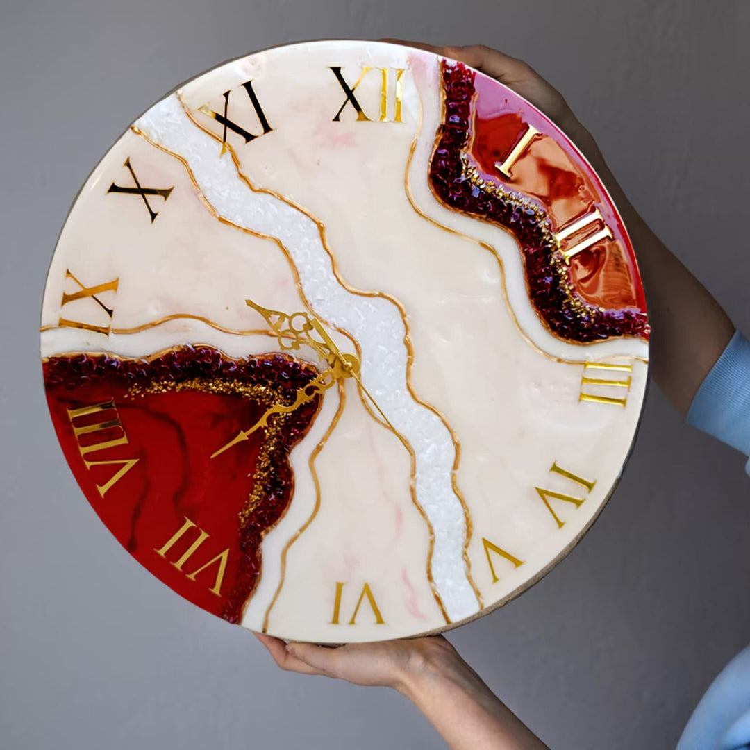 Classic Red & White Round Acrylic Wall Clock with Beautiful Resin Art