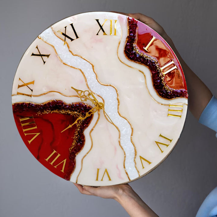 Classic Red & White Round Acrylic Wall Clock with Beautiful Resin Art