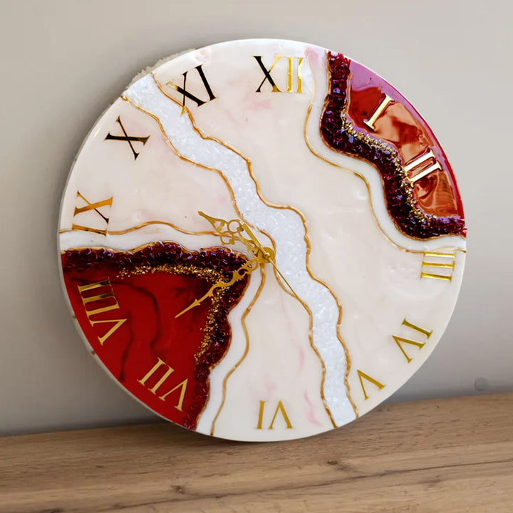 Classic Red & White Round Acrylic Wall Clock with Beautiful Resin Art