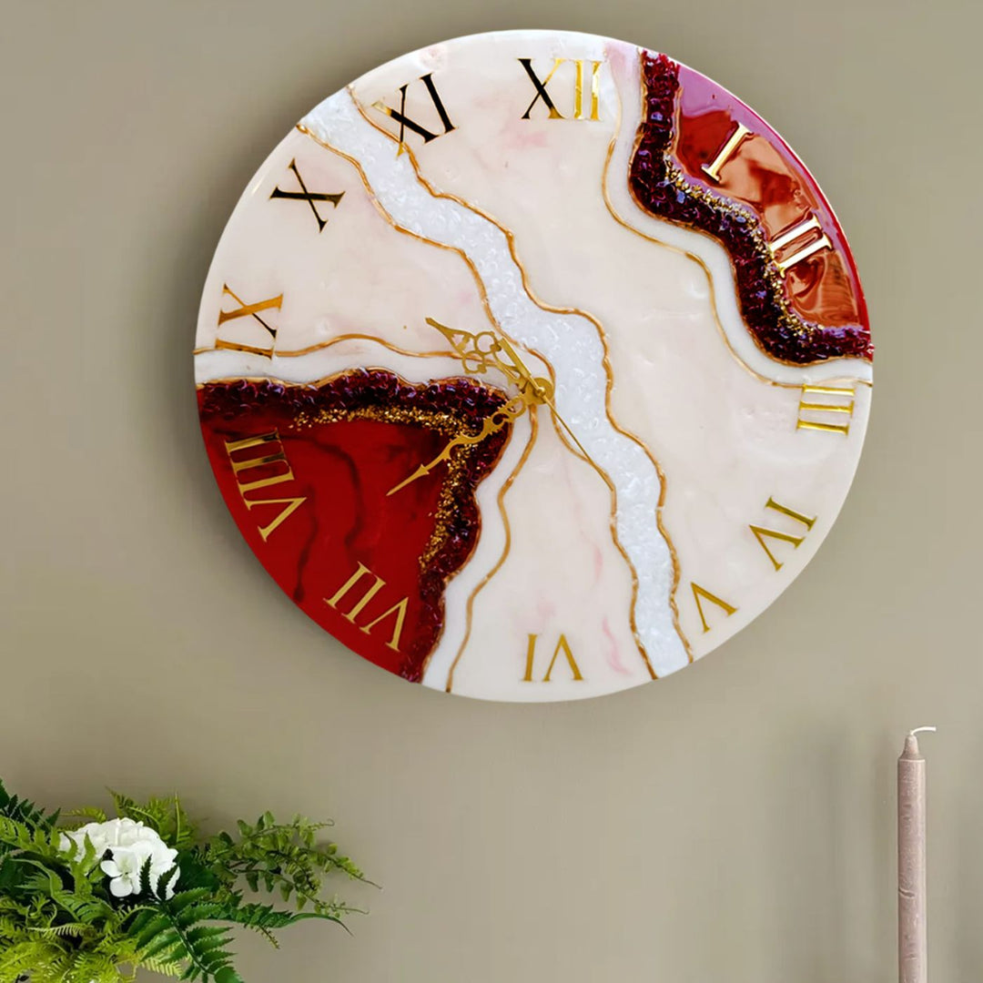Classic Red & White Round Acrylic Wall Clock with Beautiful Resin Art