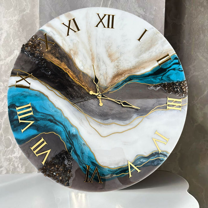 Stylish Blue & White Round Acrylic Wall Clock with Beautiful Resin Art