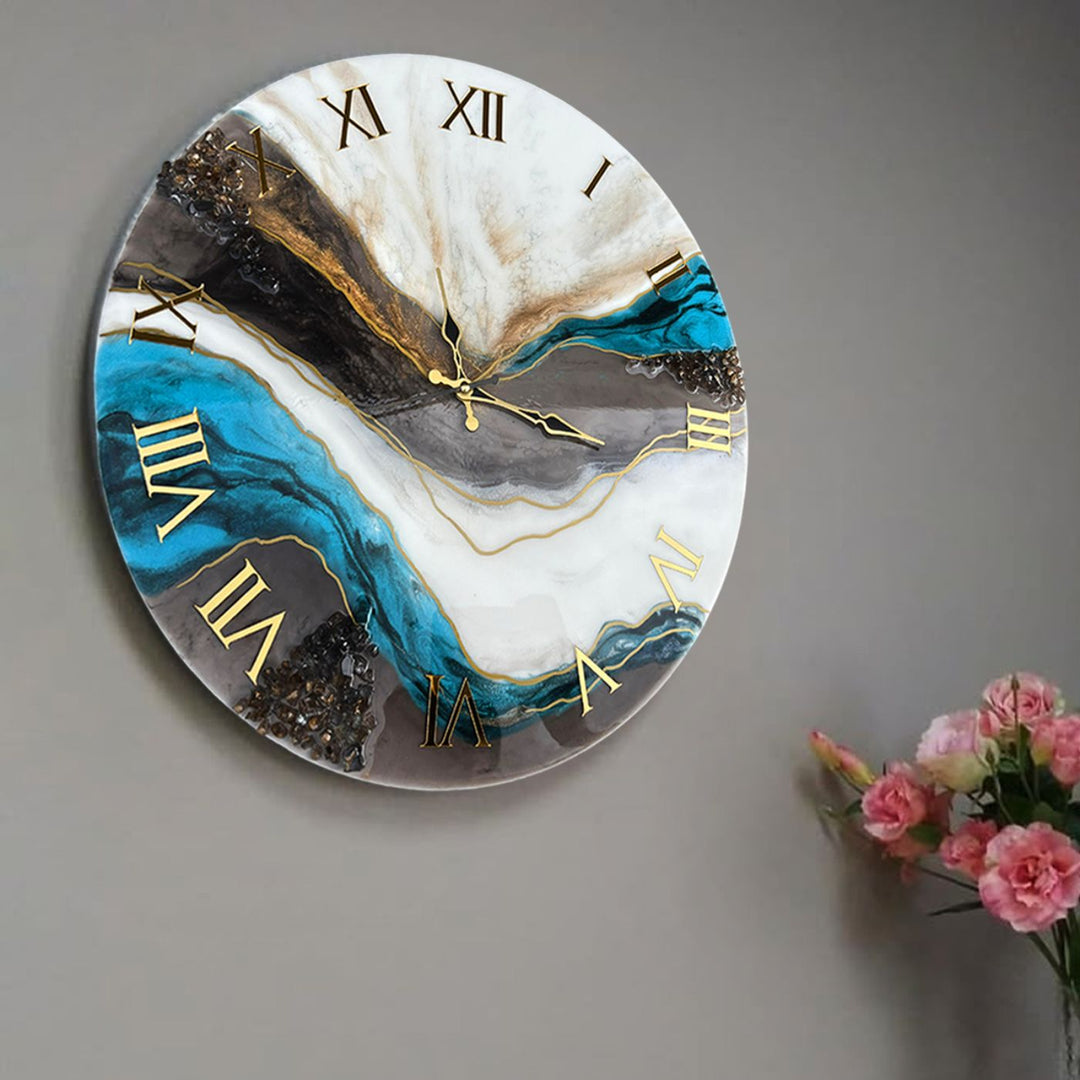 Stylish Blue & White Round Acrylic Wall Clock with Beautiful Resin Art