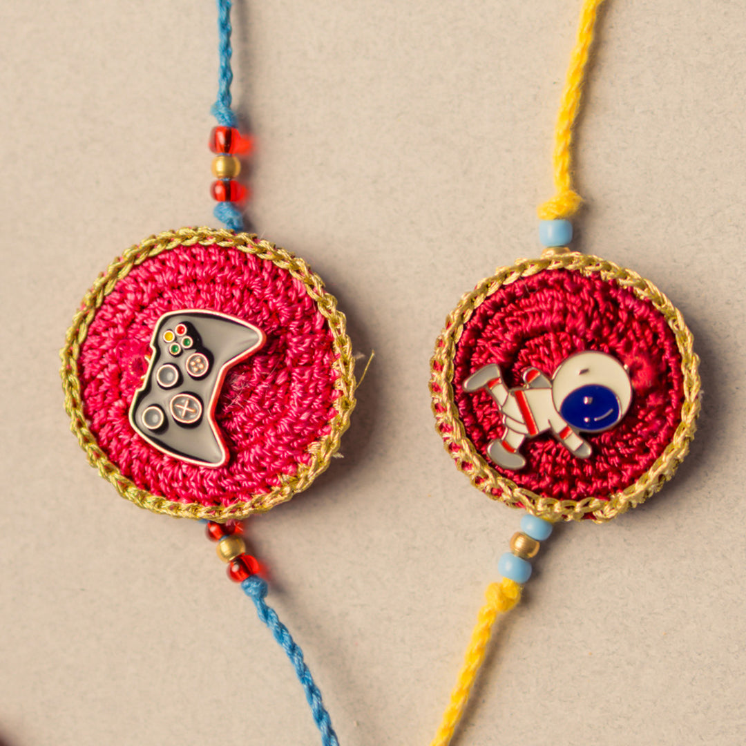 Intricate Beaded Crochet Digital Star Kids Rakhi With Roli Chawal for Kids | Set of 2