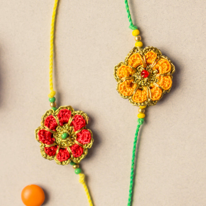 Intricate Beaded Crochet Festive Marigold Rakhi With Roli Chawal for Kids | Set of 2
