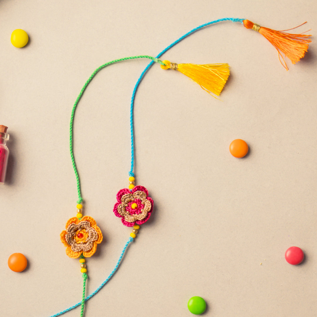 Intricate Beaded Crochet Tiny Mandala Rakhi WithRoli Chawal for Kids | Set of 2