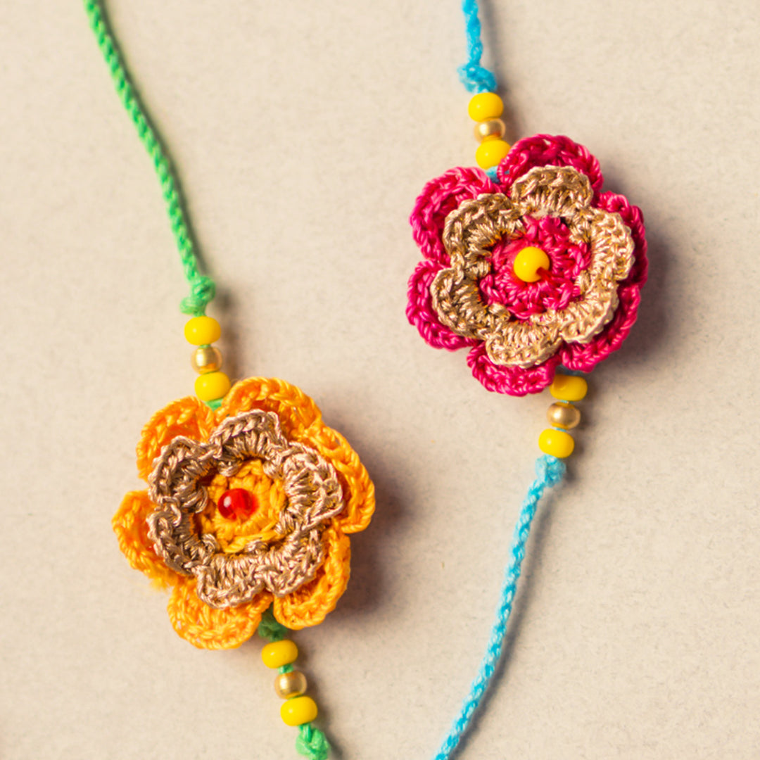 Intricate Beaded Crochet Tiny Mandala Rakhi WithRoli Chawal for Kids | Set of 2