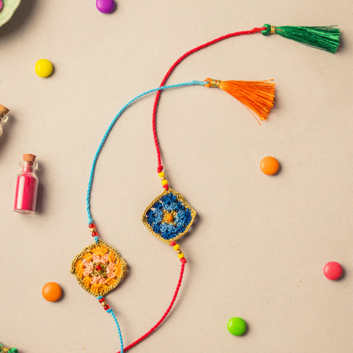 Intricate Beaded Crochet Diamond Rakhi With Roli Chawal for Kids | Set of 2