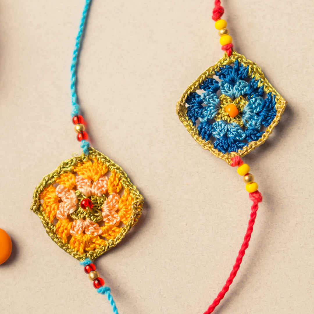 Intricate Beaded Crochet Diamond Rakhi With Roli Chawal for Kids | Set of 2