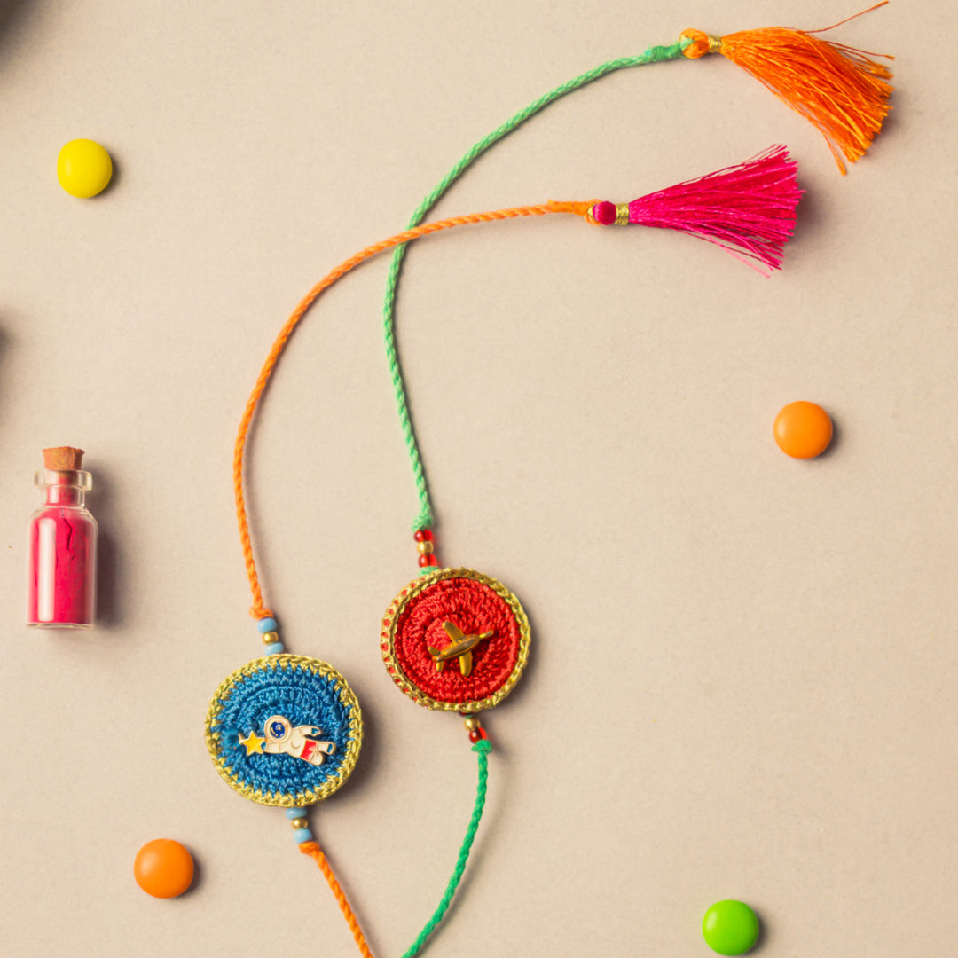 Intricate Beaded Crochet Universe Rakhi With Roli Chawal for Kids | Set of 2