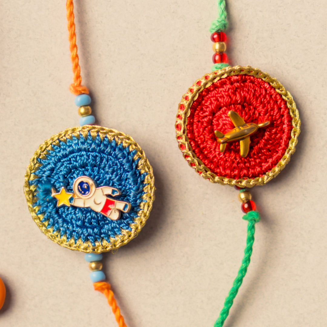 Intricate Beaded Crochet Universe Rakhi With Roli Chawal for Kids | Set of 2
