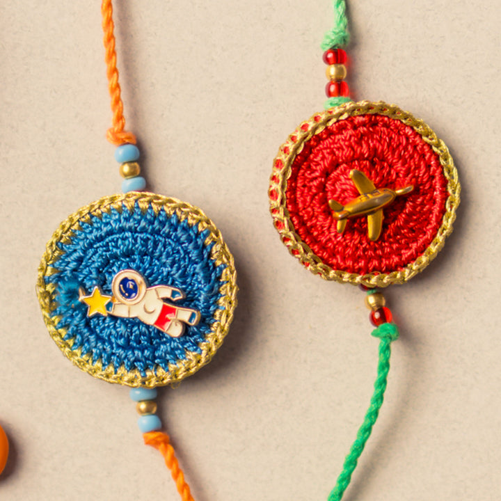Intricate Beaded Crochet Universe Rakhi With Roli Chawal for Kids | Set of 2