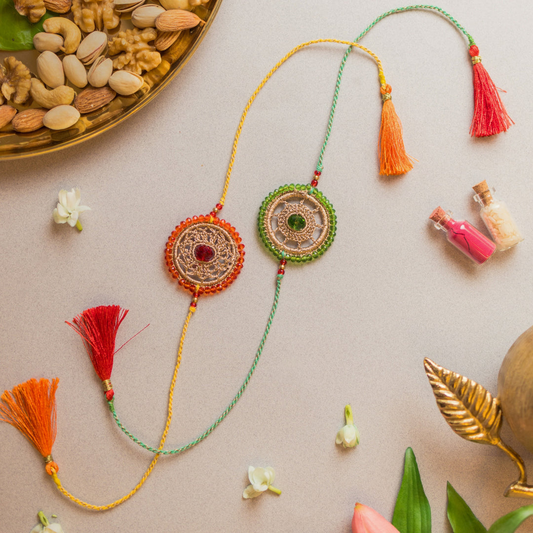 Intricate Beaded Crochet Celestial Rakhi With Roli Chawal | Set of 2