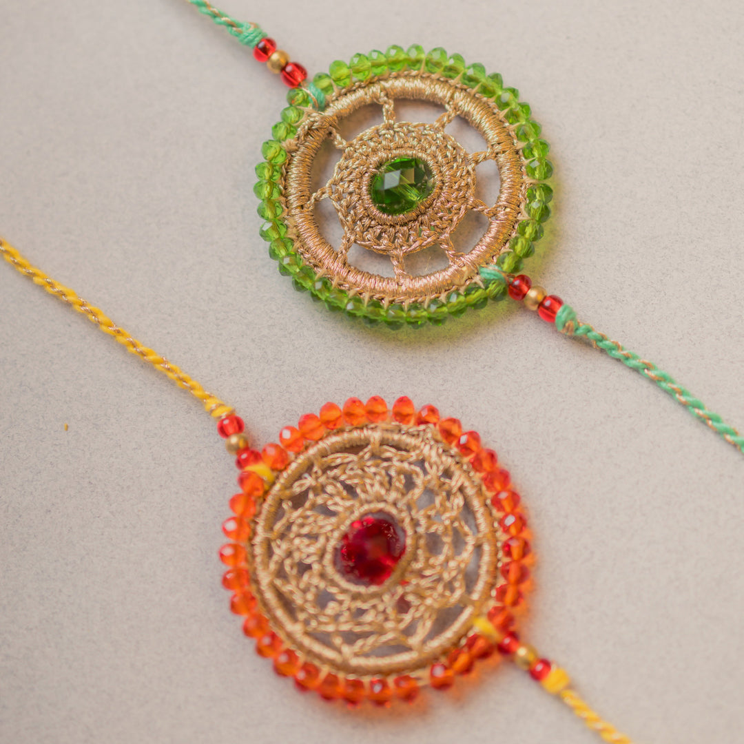 Intricate Beaded Crochet Celestial Rakhi With Roli Chawal | Set of 2
