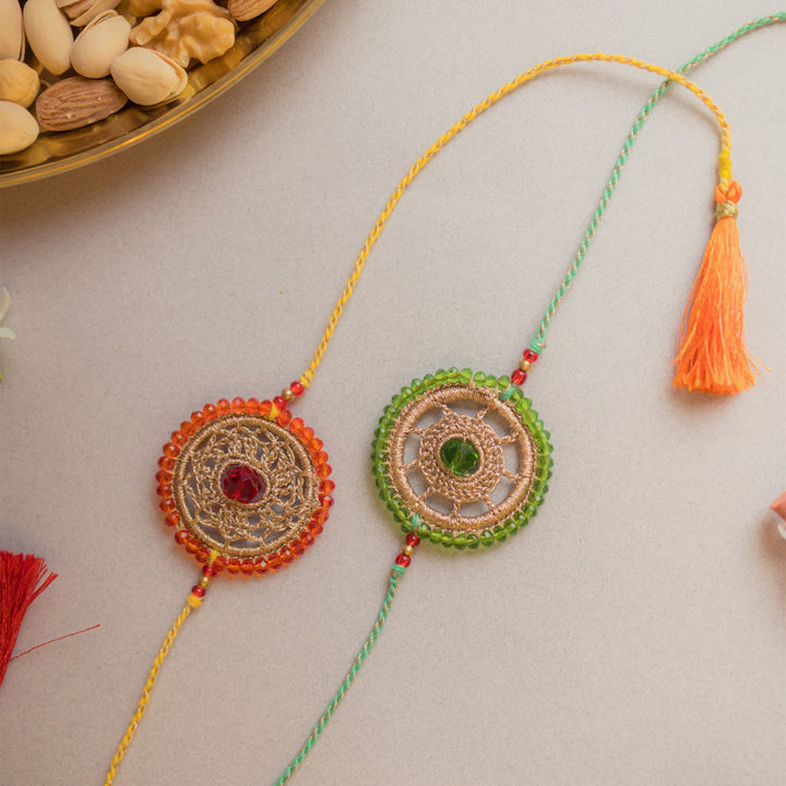 Intricate Beaded Crochet Celestial Rakhi With Roli Chawal | Set of 2