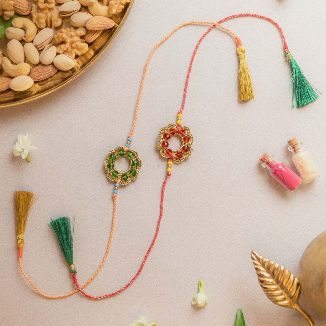 Intricate Beaded Crochet Heritage Threads Rakhi With Roli Chawal | Set of 2