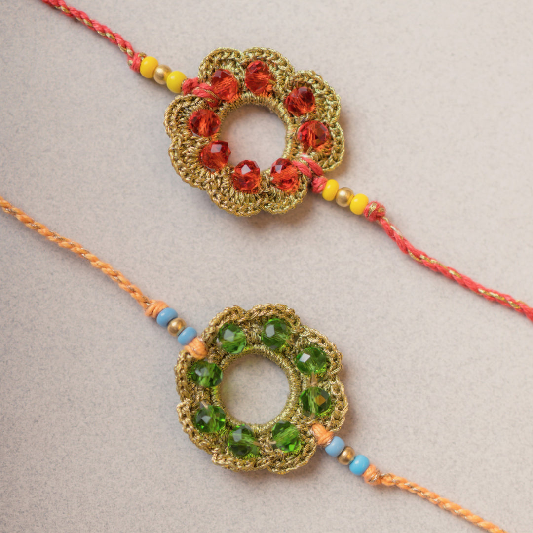 Intricate Beaded Crochet Heritage Threads Rakhi With Roli Chawal | Set of 2