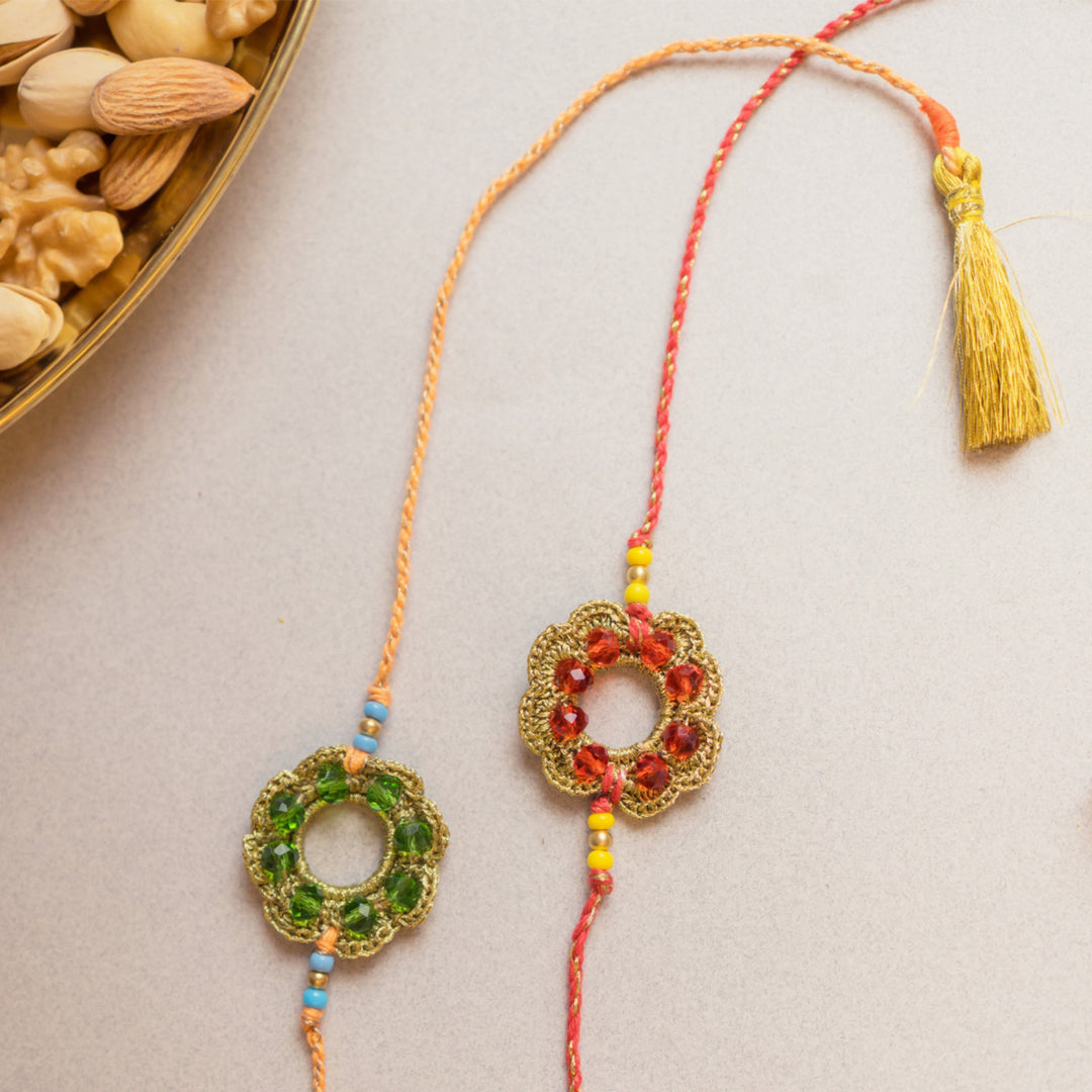 Intricate Beaded Crochet Heritage Threads Rakhi With Roli Chawal | Set of 2