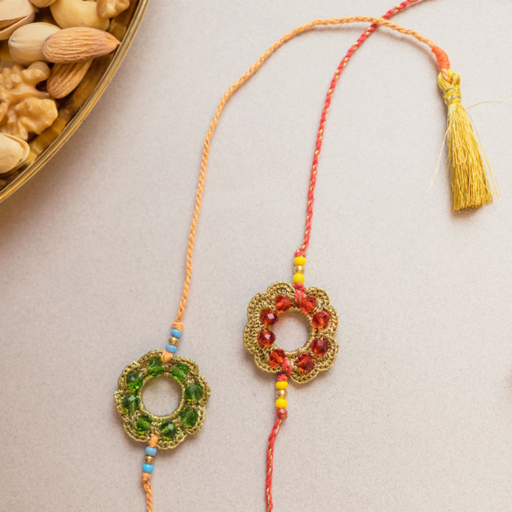 Intricate Beaded Crochet Heritage Threads Rakhi With Roli Chawal | Set of 2